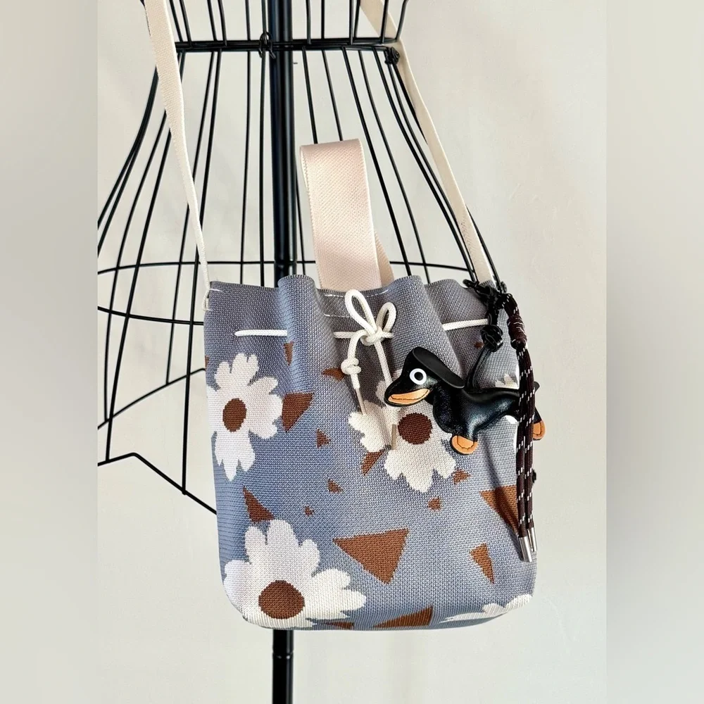 New Blue, Mocha & Flowers Woven Bucket Bag Handbag Purse w/ Dachshund Charm